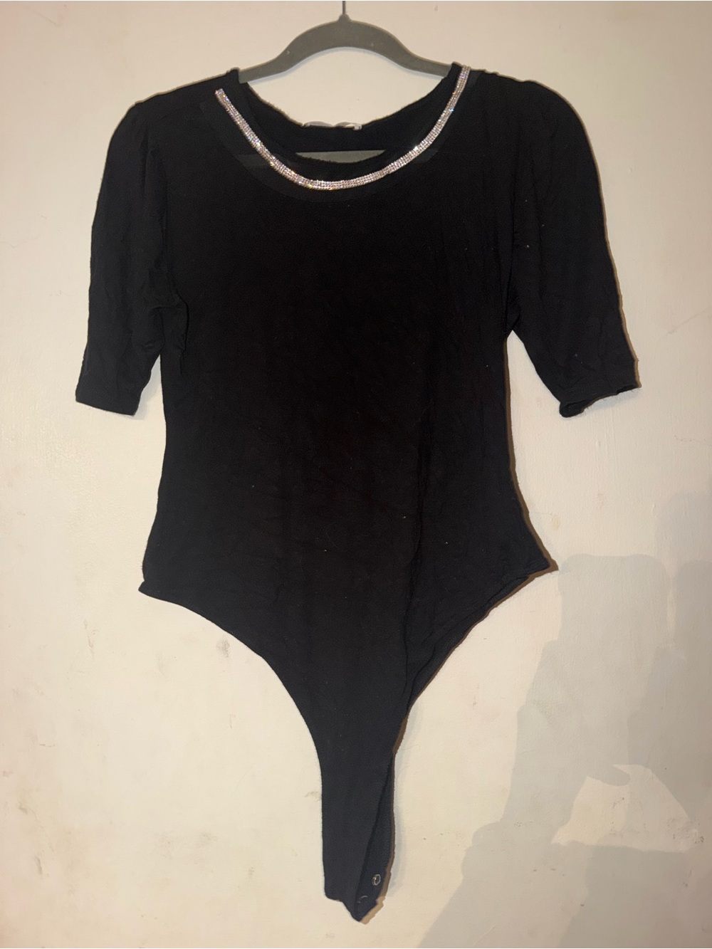 Black Bodysuit with Rhinestone Neckline